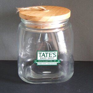 Tate’s Bake Shop Genuine Clear Glass Cookie Jar w Wooden Lid Kitchen Collectible
